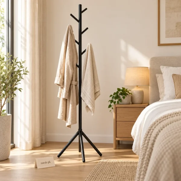 Black standing coat rack with hanging arms holding towels in a bedroom