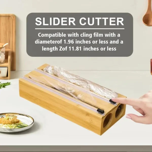 Bamboo wrap dispenser slider cutter tearing cling film, for rolls up to 5 cm diameter