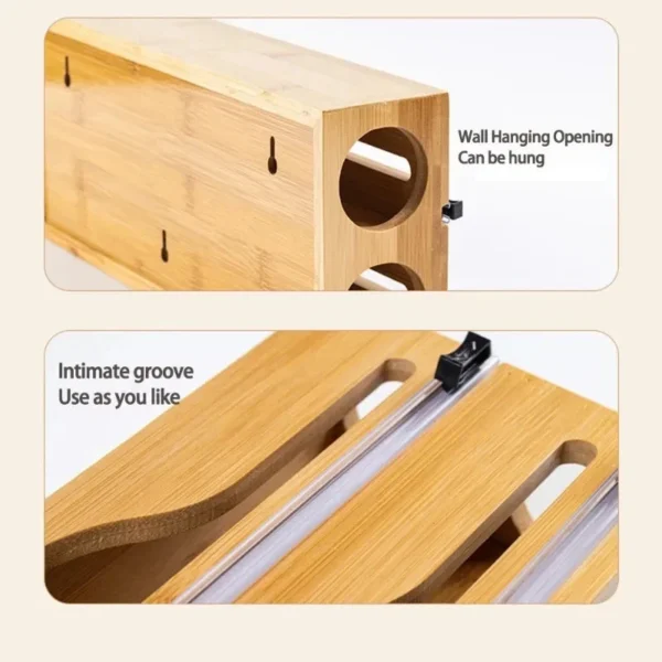 Bamboo wrap dispenser close-up showing the wall hanging opening and finger groove