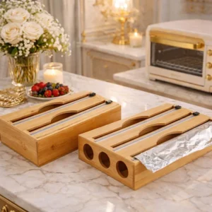 Bamboo wrap dispenser with cutter on a kitchen counter holding cling film and aluminium foil