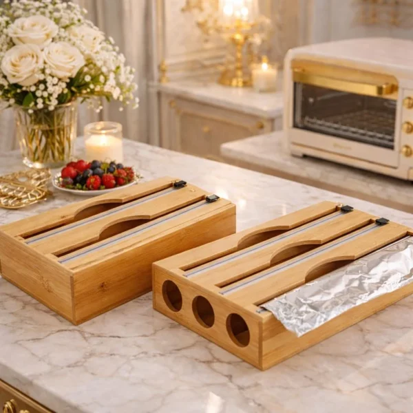 Bamboo wrap dispenser with cutter on a kitchen counter holding cling film and aluminium foil
