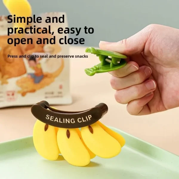 Hand pressing a green banana sealing clip from a yellow bunch on a snack packet