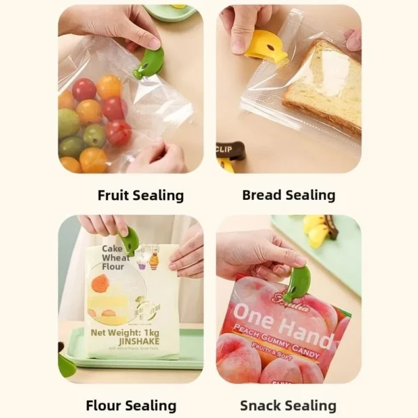 Four uses of the banana clip: fruit, bread, flour and snack packets