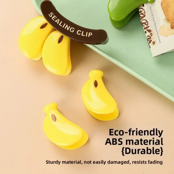 Yellow banana-shaped sealing clips with a brown band reading sealing clip