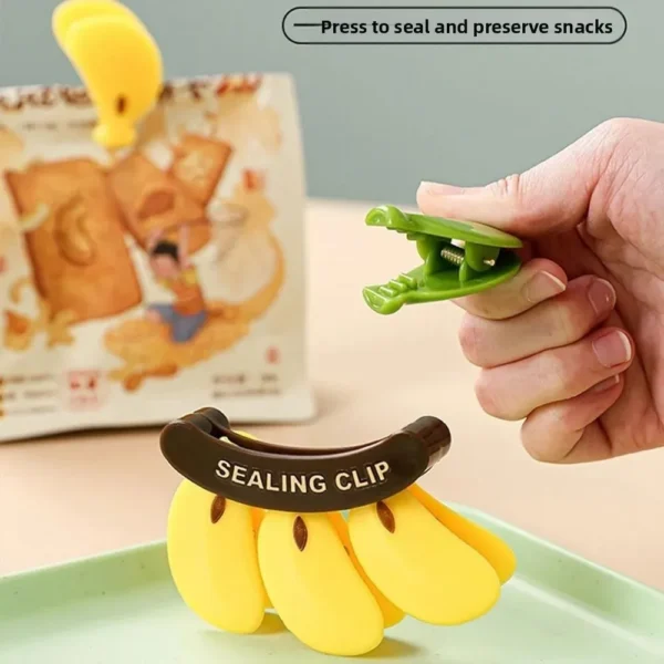Hand closing a snack bag with a banana sealing clip
