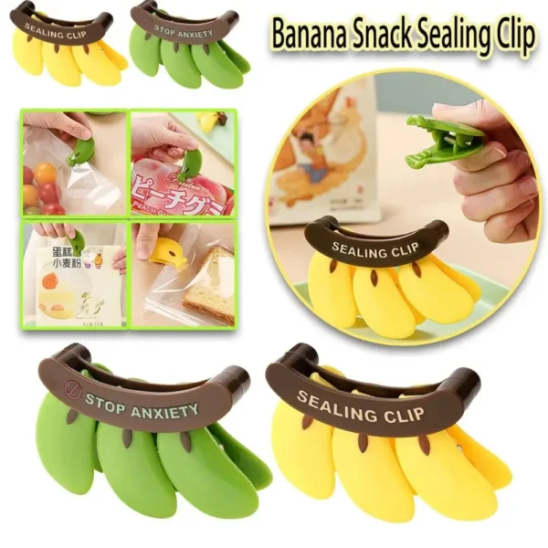 Collage of green and yellow banana sealing clips and how they are used