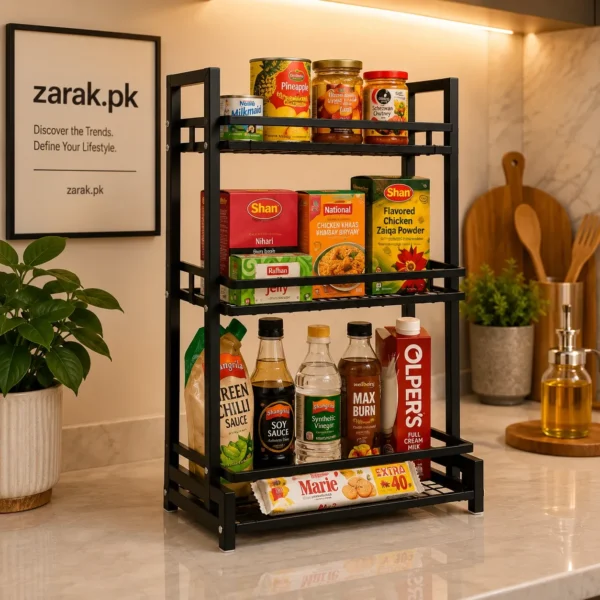 3-tier black countertop rack holding packaged food and bottles in a kitchen