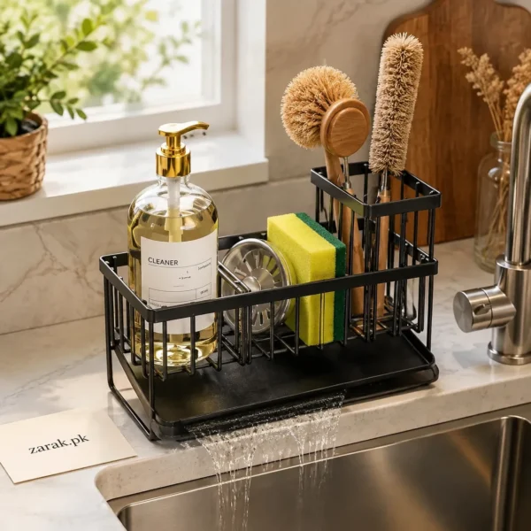 Black wire sink caddy holding a soap pump, sponge, scrubber and brushes with water draining to the sink