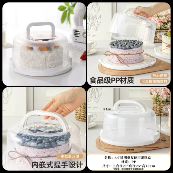 Collage of the cake carrier with different cakes and Chinese text on the handle design