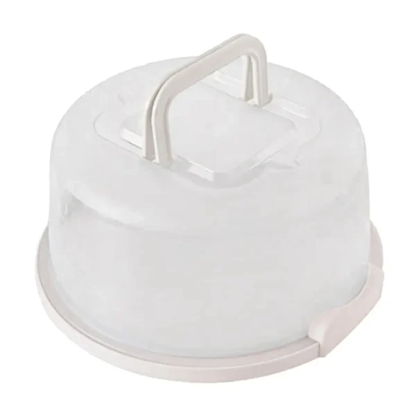 Empty clear dome cake carrier with a white handle and base