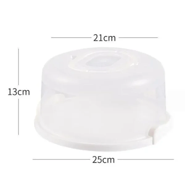 Cake carrier with size marked as 21 cm wide, 25 cm base and 13 cm high