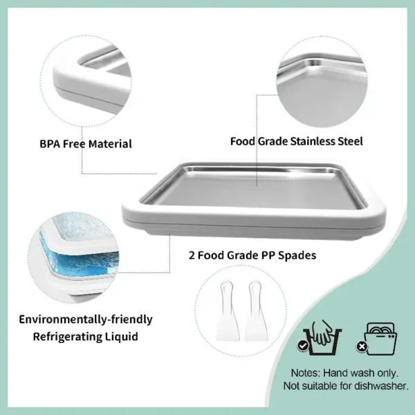 Plate with stainless steel surface and two spades with material labels and care notes