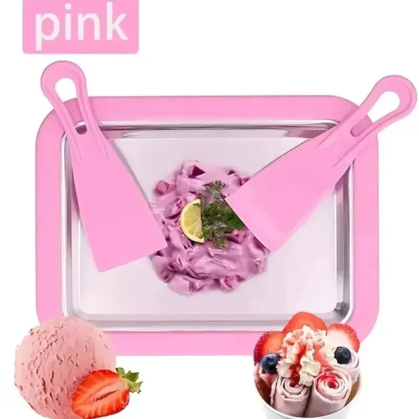 Pink ice cream plate with two pink spades and scoops of ice cream with strawberries