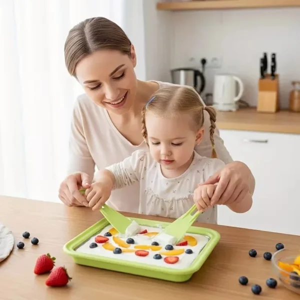 Mother and child using green ice cream plates with spades at a kitchen table