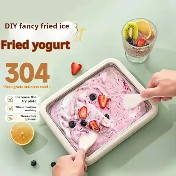 Fried yogurt with berries being scooped with a spade from the ice cream plate
