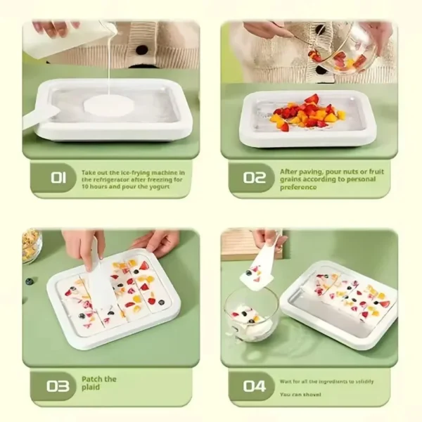 Four-step usage graphic for making ice cream on the plate with a spade