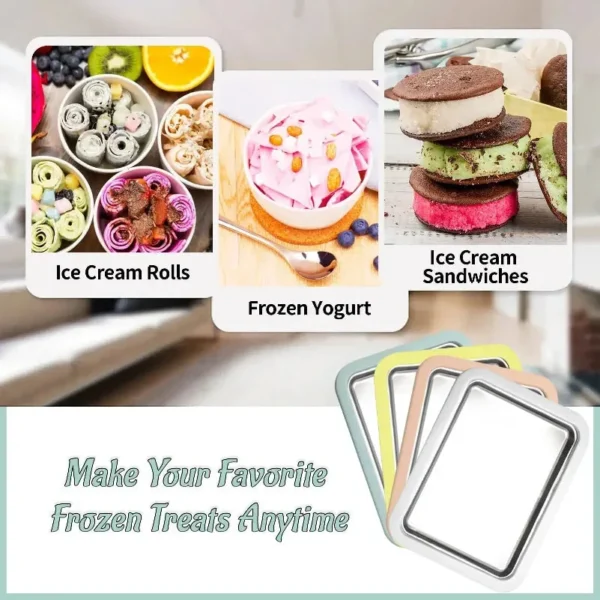 Graphic of ice cream rolls, frozen yogurt and ice cream sandwiches with plates in several colours
