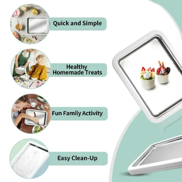 Four feature icons and a plate with ice cream in a cup showing quick and simple use