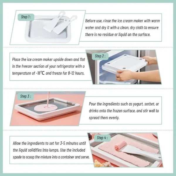 Step-by-step instructions for washing, freezing, pouring and scooping with the plate