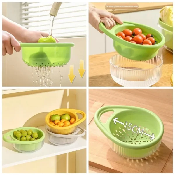 Collage of fruit being rinsed under a tap and colander baskets in three colours