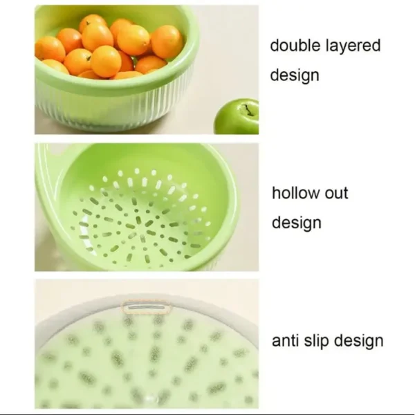 Close-ups of the double layer design and the perforated base of the colander basket