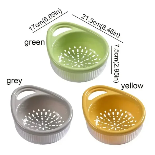 Size diagram of the colander basket in green, grey and yellow with measurements in cm