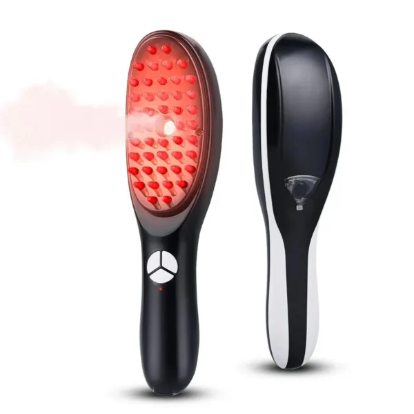 Black electric scalp massage comb with red light and a fine mist spray, next to a second comb seen from the side