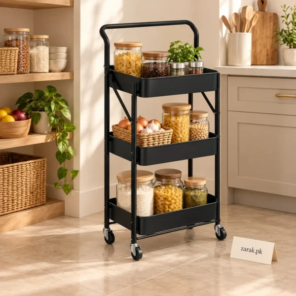 Black foldable three-tier rolling cart holding pantry jars beside a shelf