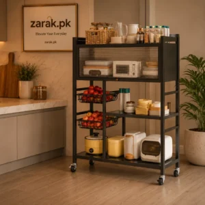 Black multi-tier rolling storage rack in a kitchen with appliances and fruit baskets