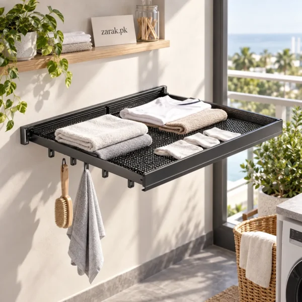Black foldable wall-mounted drying rack opened with folded clothes and a towel hanging below