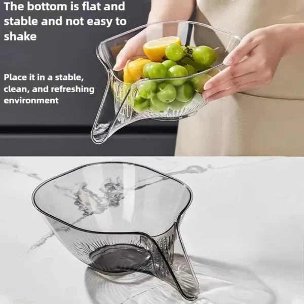 Transparent and smoke-grey drain baskets with a hand holding fruit in one