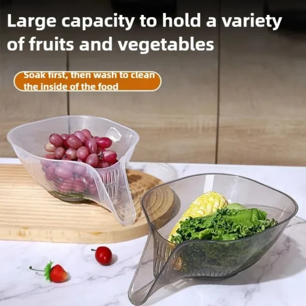 Two washing baskets, one with grapes and one with corn and greens