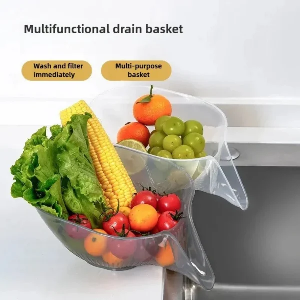 Washing basket with lettuce, corn, tomatoes and grapes labelled wash and filter