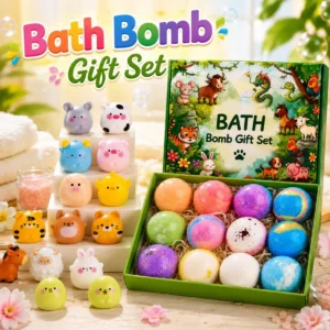 Gift box of 12 colourful kids bath bombs with small animal toys placed around it