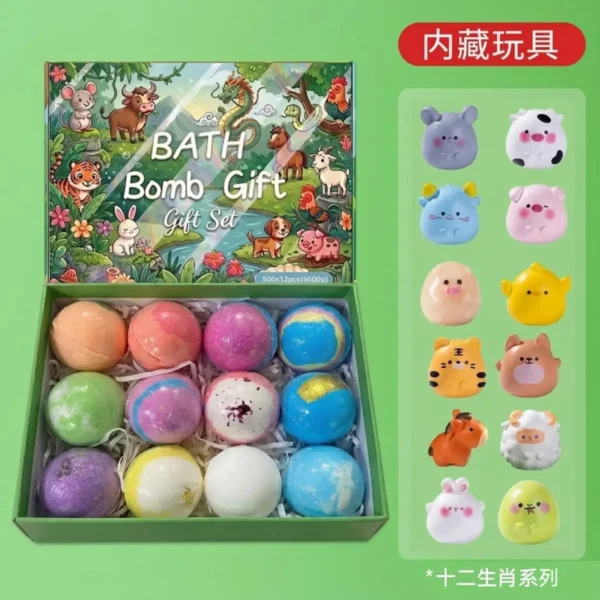 Bath bomb gift box with 12 bath bombs beside the 12 surprise animal toys that come inside them