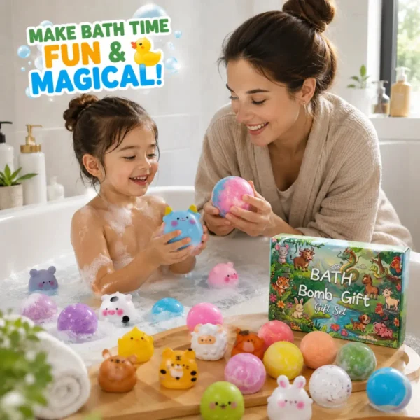Illustration of a mother and child in a bath with bath bombs, small animal toys and the gift box