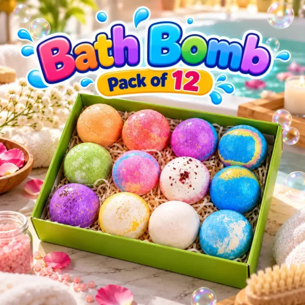 Open gift box of 12 colourful bath bombs on a bathroom tray