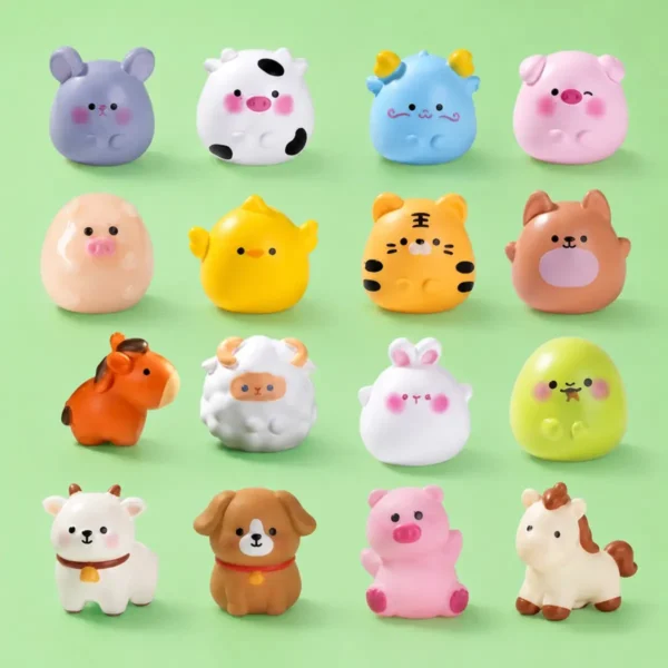 Twelve small surprise animal toys: mouse, cow, pig, chick, tiger, horse, sheep, rabbit and more
