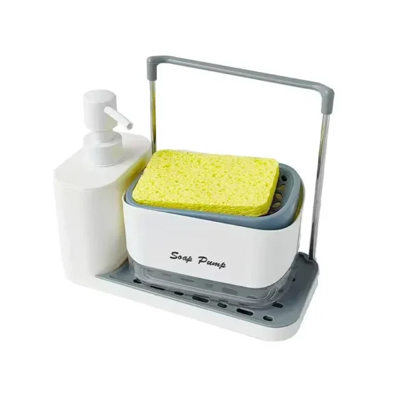 White soap dispenser with sponge holder and cloth rail on a white background