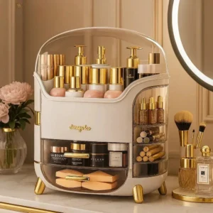 White luxury cosmetic organizer with a clear domed lid, side compartments and a clear drawer, filled with gold-topped skincare bottles beside a lit mirror and flowers