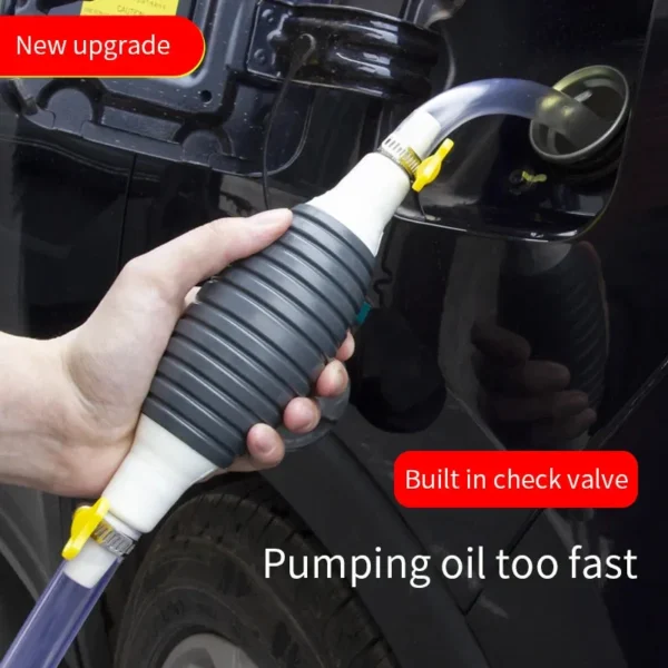 Hand squeezing the black bulb of a manual fuel pump with a clear hose at a car, built-in check valve