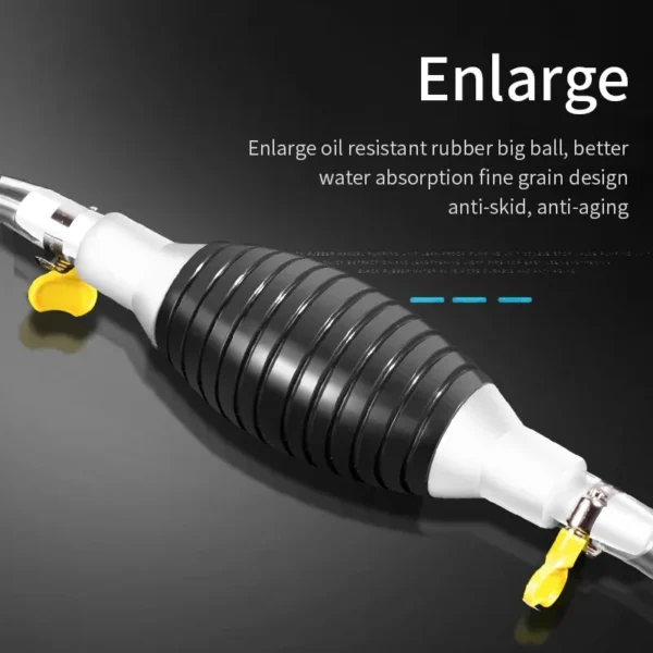Close-up of the black rubber squeeze bulb and yellow valve lever