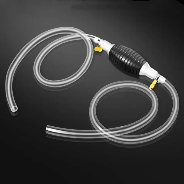 Manual pump with a long clear hose coiled on a dark background