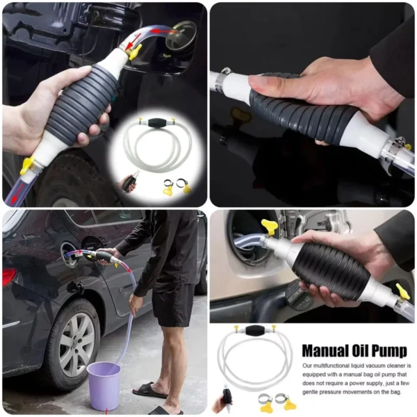 Four views of the manual oil pump in use at a car and with a bucket, plus the pump with its hose