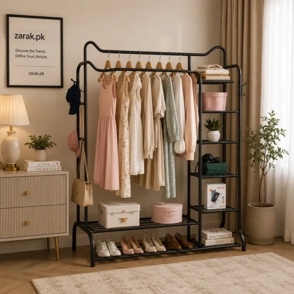 Black metal clothes stand with hanging rail, 4-tier side shelves and shoe shelf in a bedroom