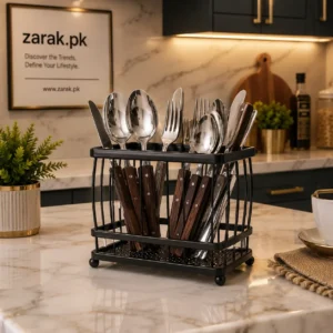 Black wire cutlery caddy with knives, forks and spoons on a kitchen counter