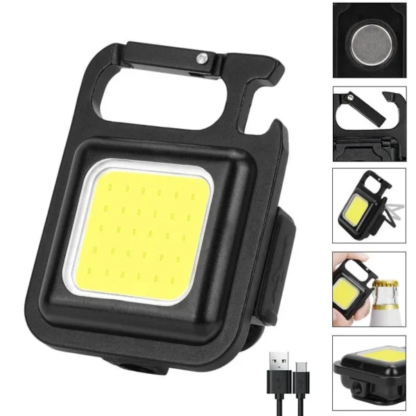Mini LED flashlight keychain with small photos of the magnet back, hook, bottle opener use and USB cable