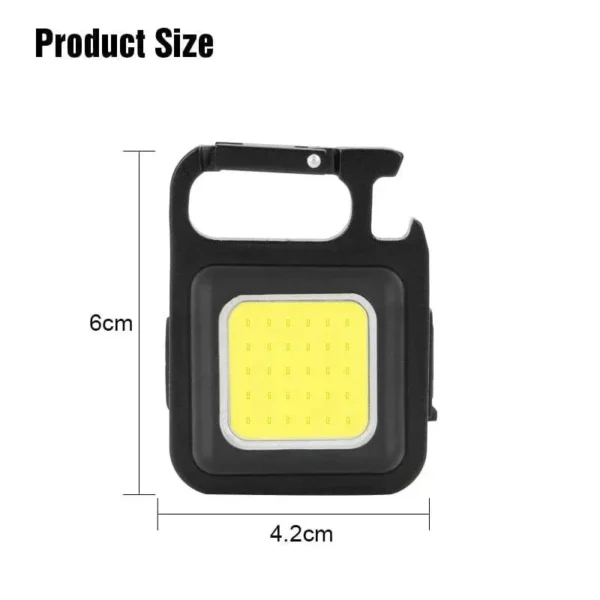 Mini LED flashlight keychain size diagram: 6 cm high and 4.2 cm wide
