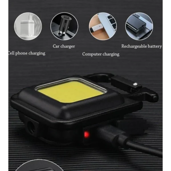 Mini LED flashlight keychain charging with a USB cable, with icons for phone charger, car charger, computer and rechargeable battery