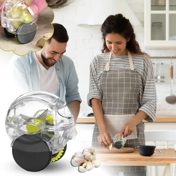 Man and woman in a kitchen with the rolling garlic mincer and garlic bulbs in front